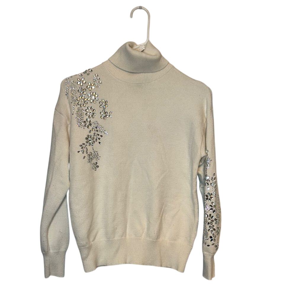 Truth Republic Cream Turtleneck Sweater XS Embellished Floral Rhinestone